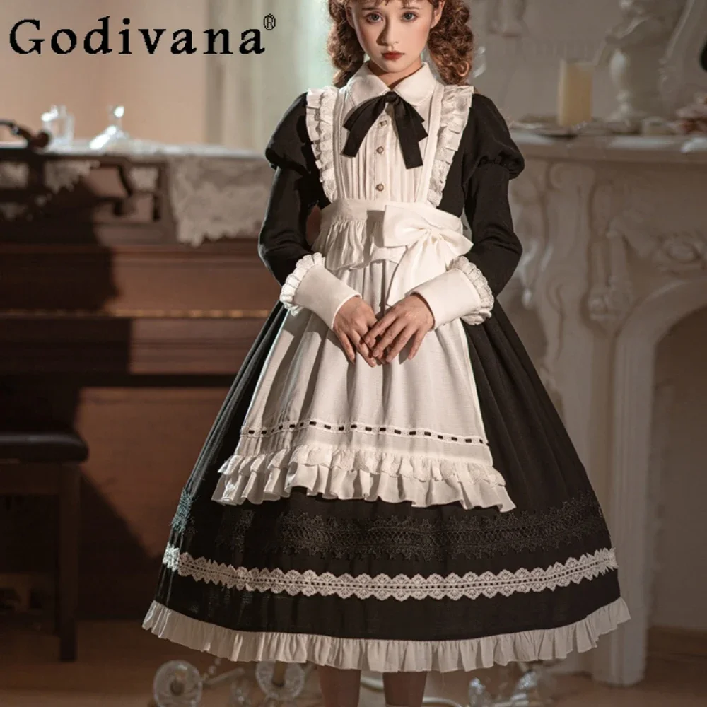 Maid Lolita Detachable Apron Autumn Winter Girl Lolita OP Long Sleeve Dress Black Dresses for Women 2024