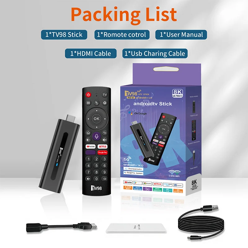 TV98 ATV Android 14 Smart TV Stick 8K 2.4G 5G Dual WiFi BT 5.0 Set Top Box HDR10 Voice remote TV Box Allwinner H313 Media Player