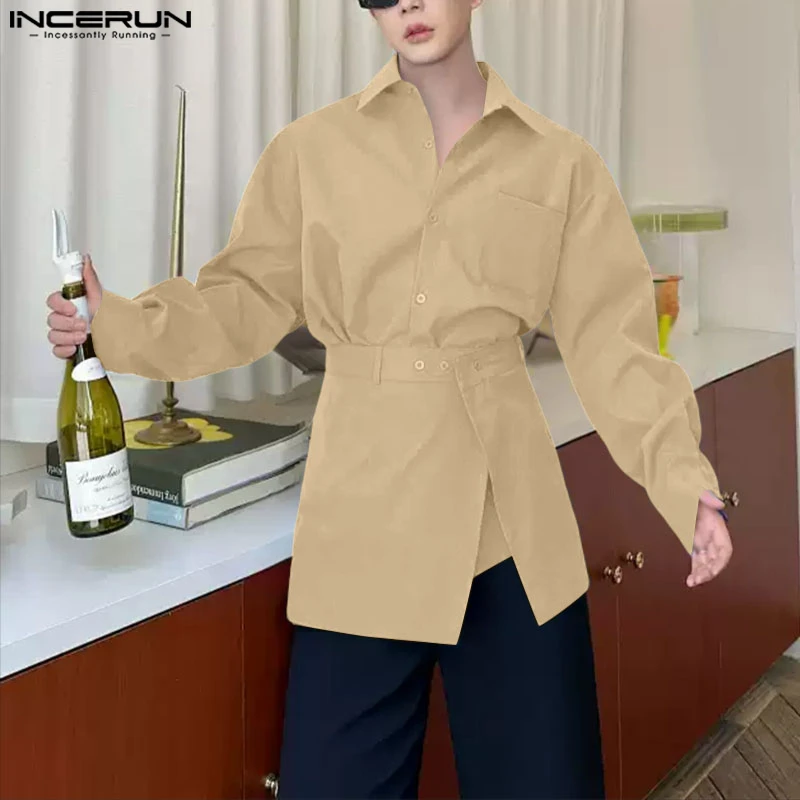

INCERUN Мужская рубашка, однотонная мужская одежда с лацканами и длинными рукавами, свободная уличная одежда в корейском стиле, 2025 г., модные повседневные мужские рубашки S-5XL