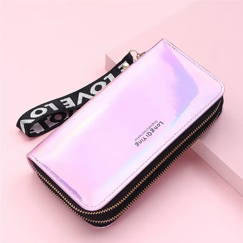 2022 New Women Long Laser Wallets Double Zipper Fashion Female Wristlet Clutch Coin Purse Money Phone Bag Card Holder Handbag