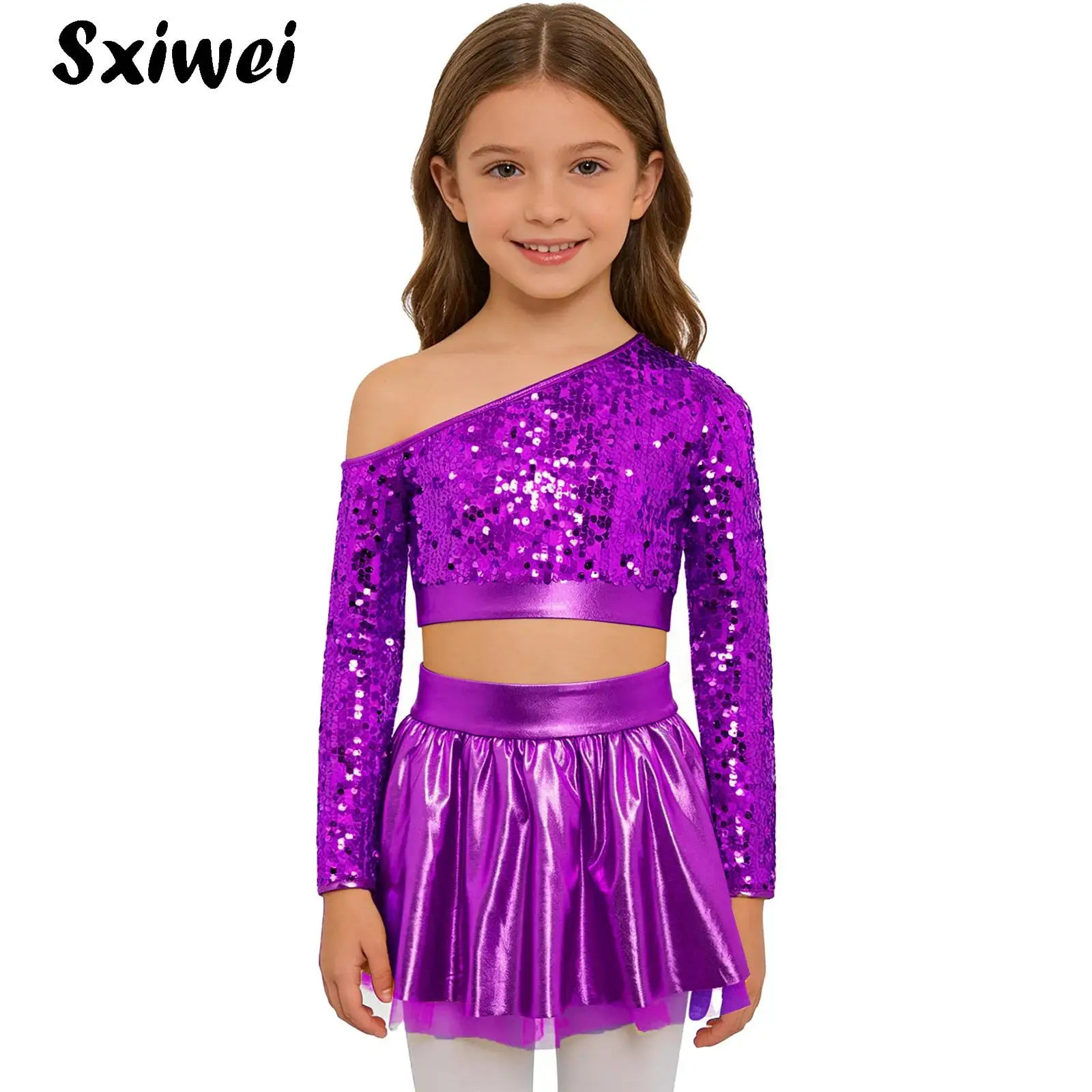 

Kids Girls 70s Disco Costume Hip Hop Jazz Dance Outfit One Shoulder Long Sleeve Sequins Top with Metallic Tutu Skirt Pageant Set