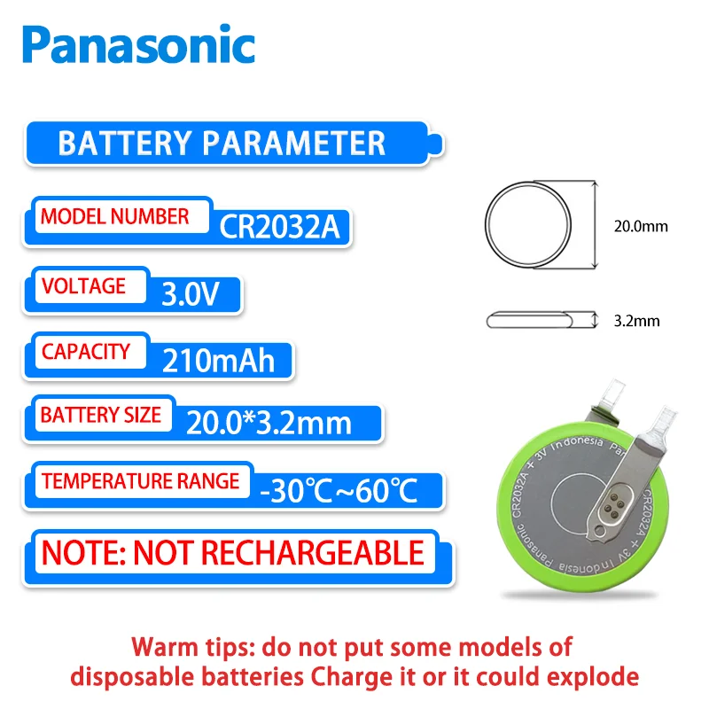 1PCS Panasonic CR2032A/FDN button battery 3v replaces CR2032B car tire pressure detector battery CR2032