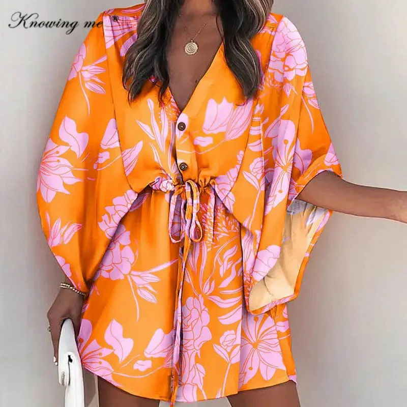 

Lady Summer Boho Beach Mini Dress Women Stripe Floral Print Lace Up Button Dresses For Elegant Batwing Sleeve Loose Robe Dress