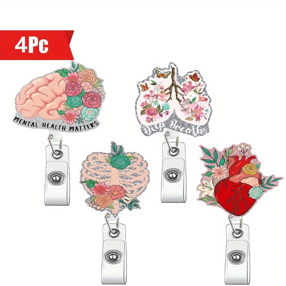 

4-х катушек для бейджей в форме сердца с акриловыми органными дизайнами. Идентификационные клипсы для медицинского посоха и студентов.