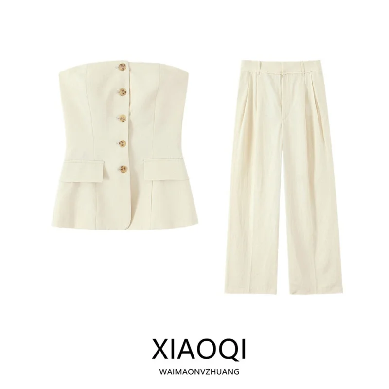 سترة نسائية عصرية مكشوفة الكتفين وأزرار للأسفل بنطلون عالي الخصر وصل حديثًا للخريف طقم مكون من قطعتين وأكمام قصيرة ورقبة مستديرة