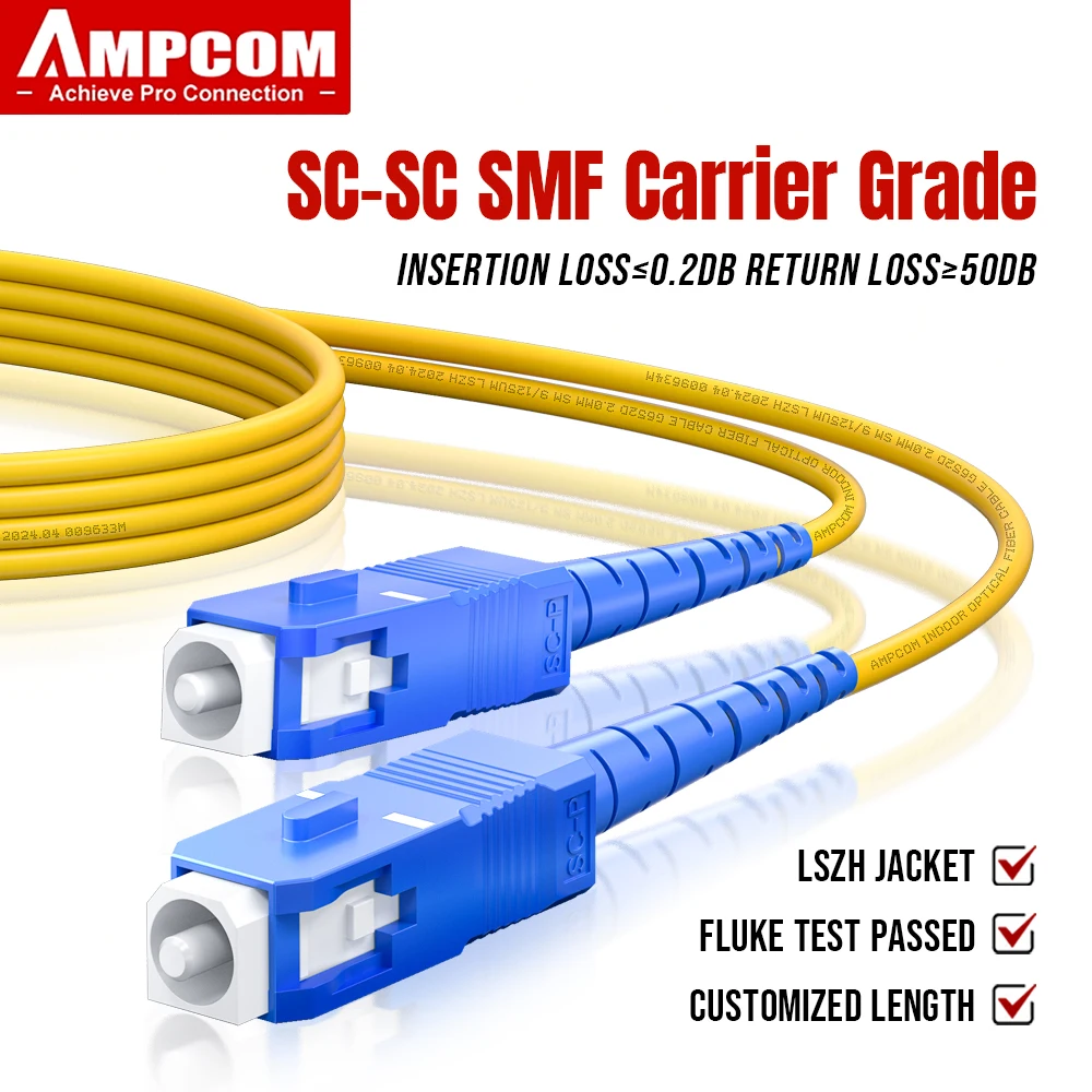 AMPCOM SC to SC UPC Fiber Optical Patch Cable Single Mode Simplex SMF 9/125μm OFNR LZSH Bend Insensitive Optical Fiber Jumper