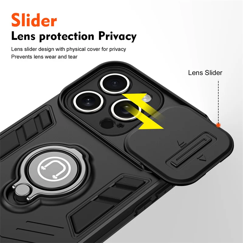 Luxury Sliding Window Ring Holder Phone Case For iPhone 15 14 13 12 Pro Max In Car Wireless Charging Shockproof Back Cover