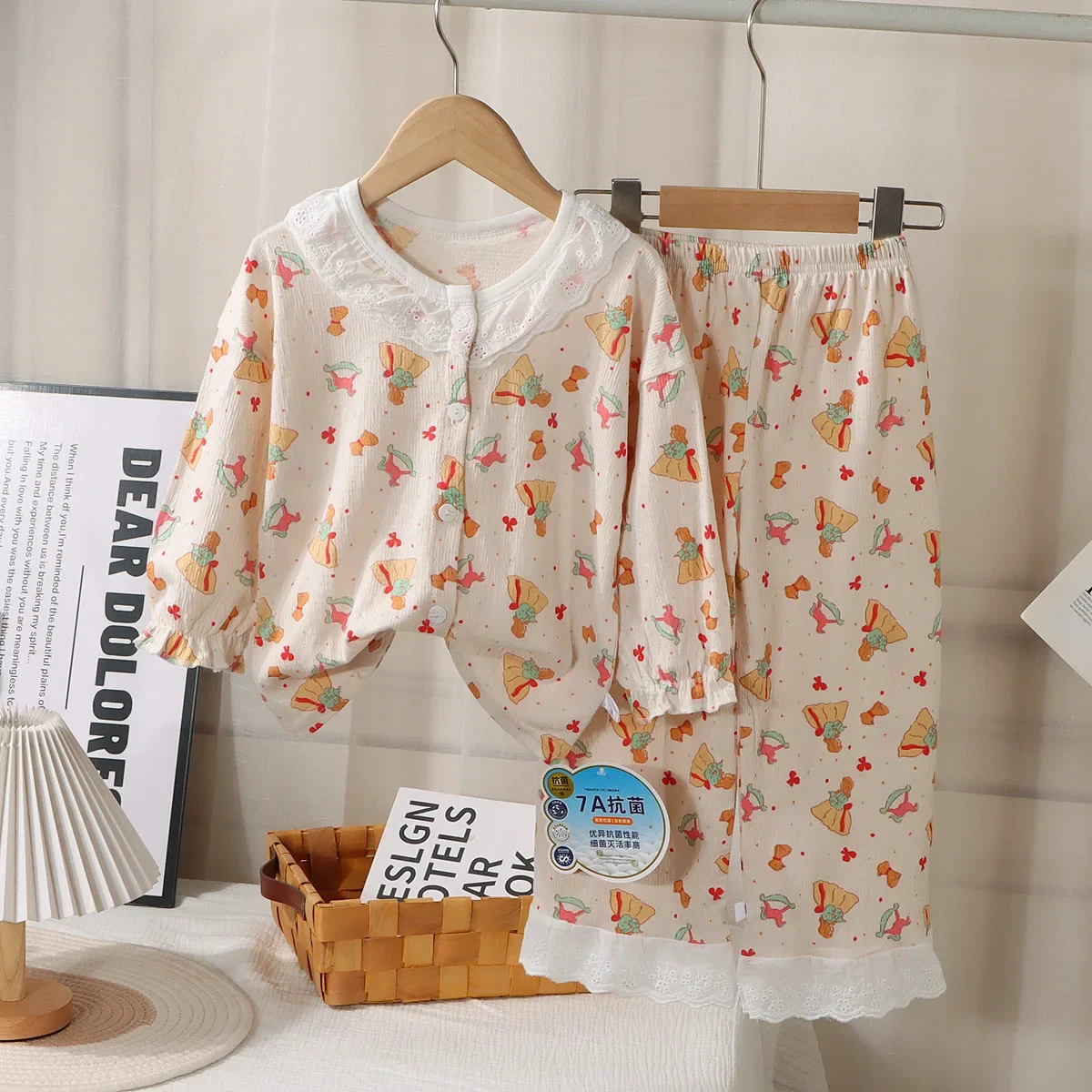 Kids Spring Summer Pajamas New 2025 Girls Cute Cartoon Floral Print Long Sleeve Lace Trimmed Sleepwear Baby Casual Clothing Sets