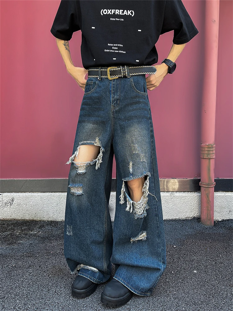 

American Retro Men's Jeans High Street Unique Design Hole Loose Wide Leg Pants Trendy Spring New Style Casual Straight Leg Jeans