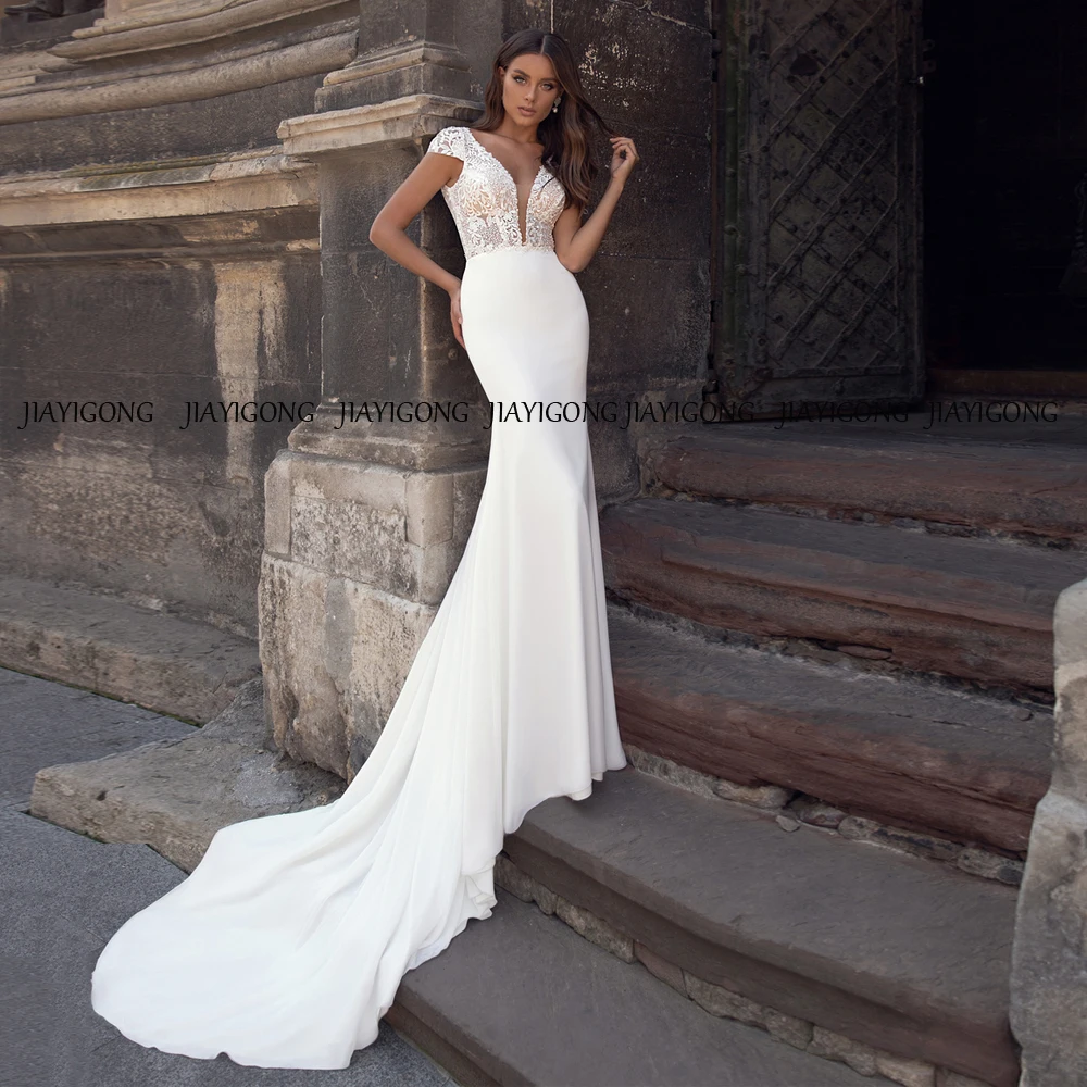 Jiayigong Mermaid Wedding Dress Cap Sleeve Deep V Neck Court Train Applique Chiffon Boho Bridal Dresses robe de mariee 2022