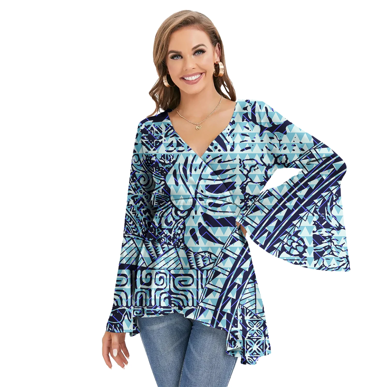 Polynesian Samoan style Print Ladies Chiffon Blouse Customized Chiffon Shirts For Women Blouses Long Sleeve Blouses