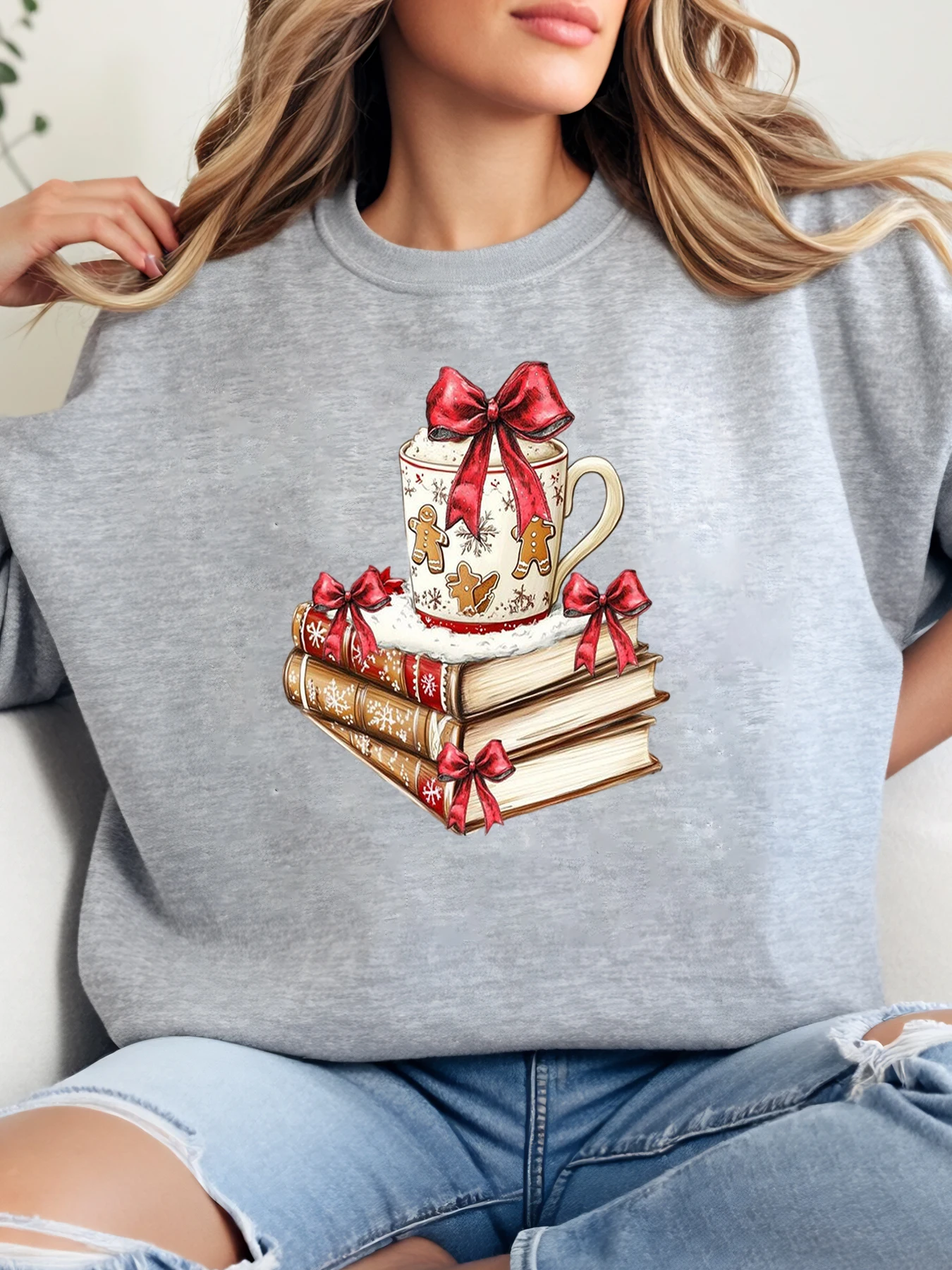 

Рождественская кружка с печеньем и принтом книг, праздничный свитшот, женская повседневная одежда, уютный домашний наряд, серый, больших размеров