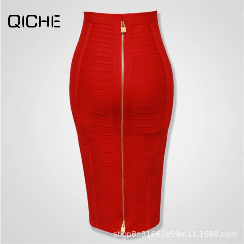 QICHE Women High Waist Bodycon Mini Skirt Striped Double Zipper Opening Bandage Skirt Sexy Nightclub Casual Bottoms