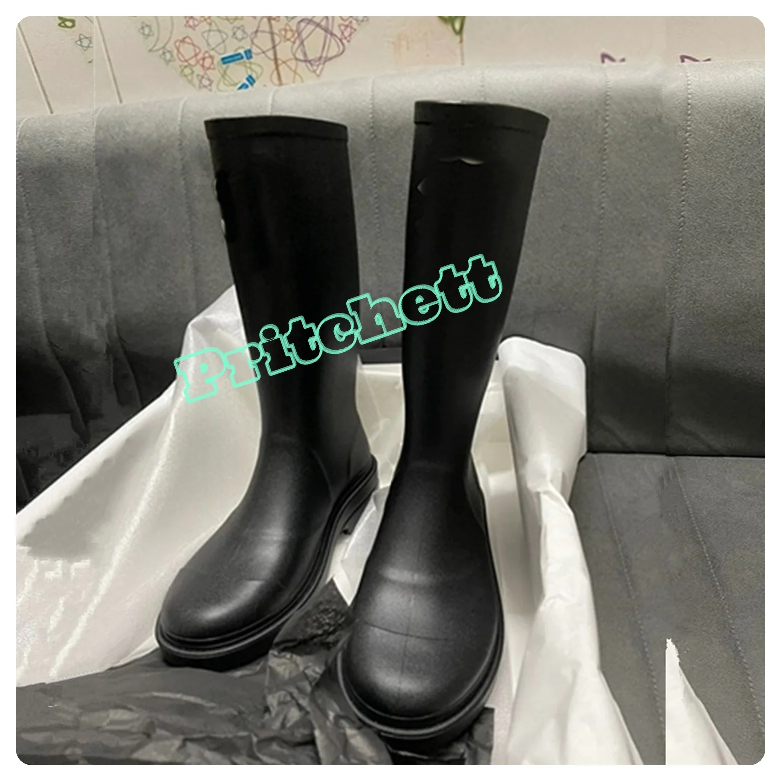 Round Roe Thick Bottom Waterproof Rain Boots Women Knee High Boots Solid Black Increase Shoes Pull-on 2024 New Luxury Design