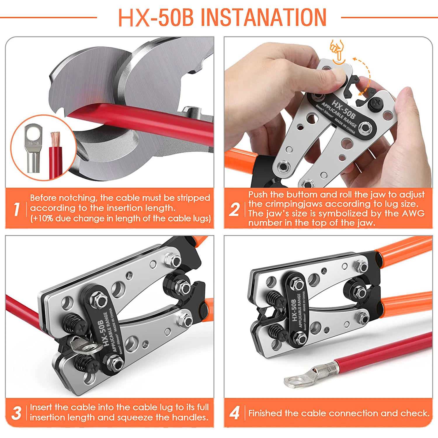 HX-50B Drahtcrimpzange 6-50mm²/AWG 10-1/0 Rohrklemmen-Crimper Sechskant-Crimpwerkzeug Batteriekabel-Ösenzange Handwerkzeug Crimpzange – Detail 8