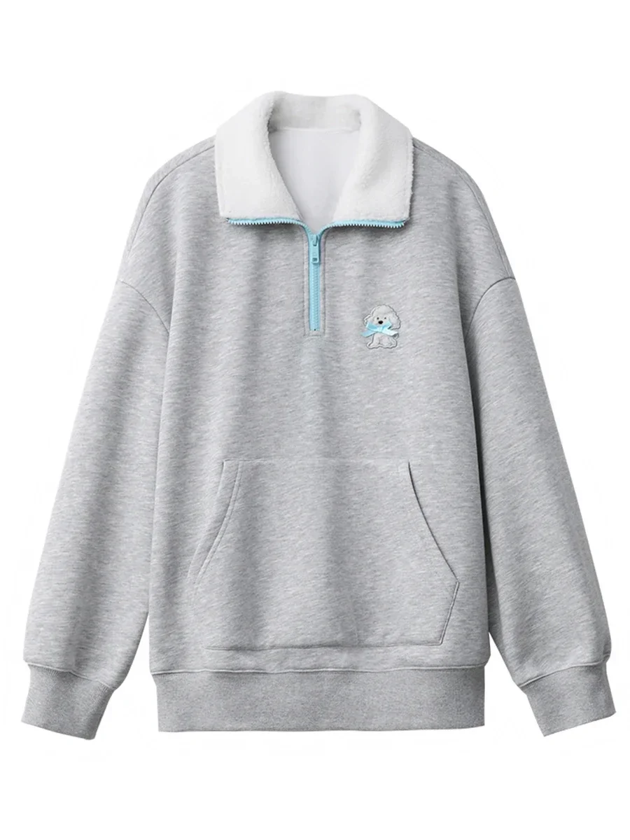 CHIC VEN Korean Women Sweatshirts Loose Stand Up Collar Plush Pullover Cartoon Embroidery Hoodie Fleece Female Top Autumn Winter