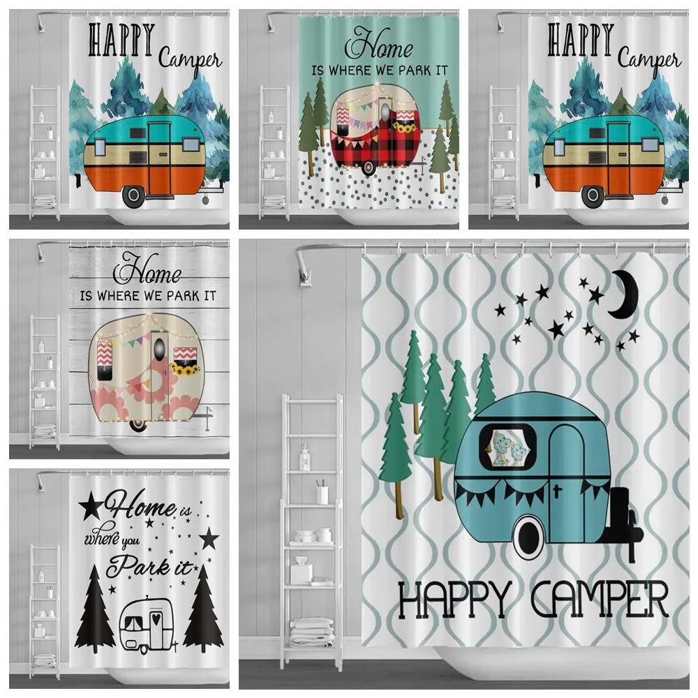 Camper Shower Curtain Happy Forest Adventure Pattern Kids Bathroon Bathtub Hanging Curtain Waterproof Polyester Fabric 12 Hooks