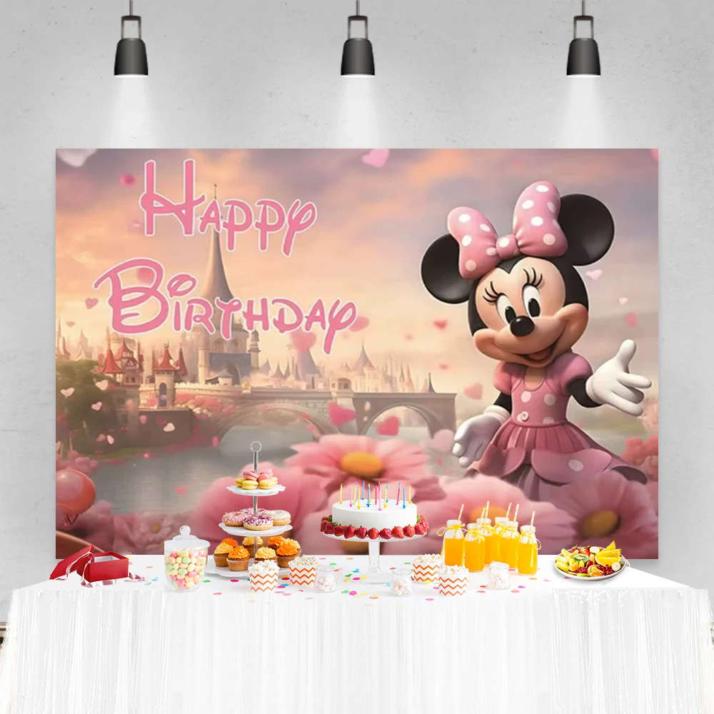 

Disney Minnie Mouse Birthday Party Decoration Backdrop Girl Birthday Background Newborn Baby Shower Party Custom Vinyl Banner