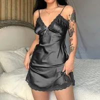 Print Flower Chemise Sleepwear Nightgown Short Summer Sexy Spaghetti Sling Homewear Satin Lace Patchwork Female Nightdress - Image 2