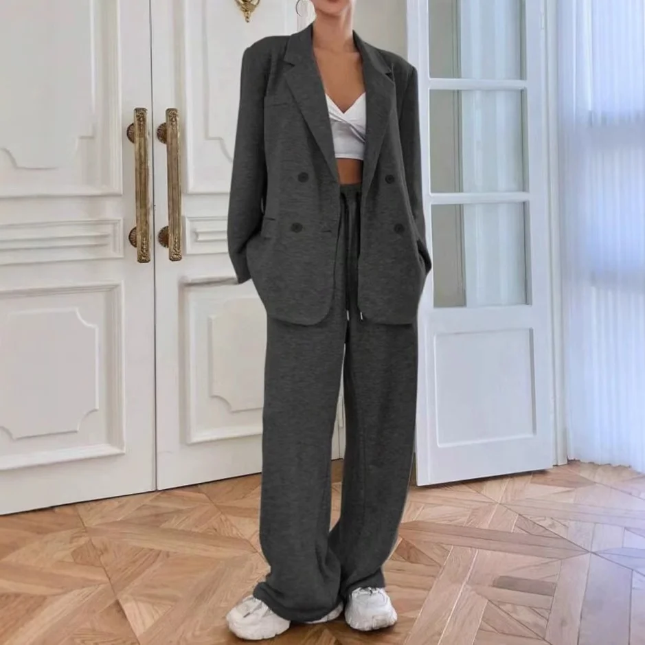 Conjunto Casual F E Primavera Outono com Cardigan Aberto de Gola Reversa e Calças Elásticas Largas Estilo Ocide...