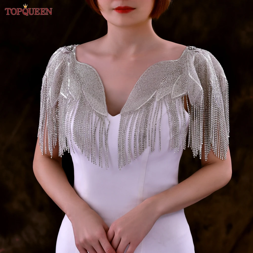 TOPQUEEN-Aplique de borla de cuello de diamantes de imitación, chal de boda, chaqueta, vestido, accesorios de decoración, Bolero de encogimiento de hombros nupcial, SP59