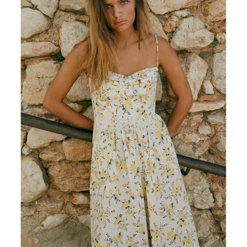 Vestido Midi F Novo de Verão com Decote Coração, Decoração em Camadas, Estampa Floral, Seda Casual, Cintura Alta, Fibr...