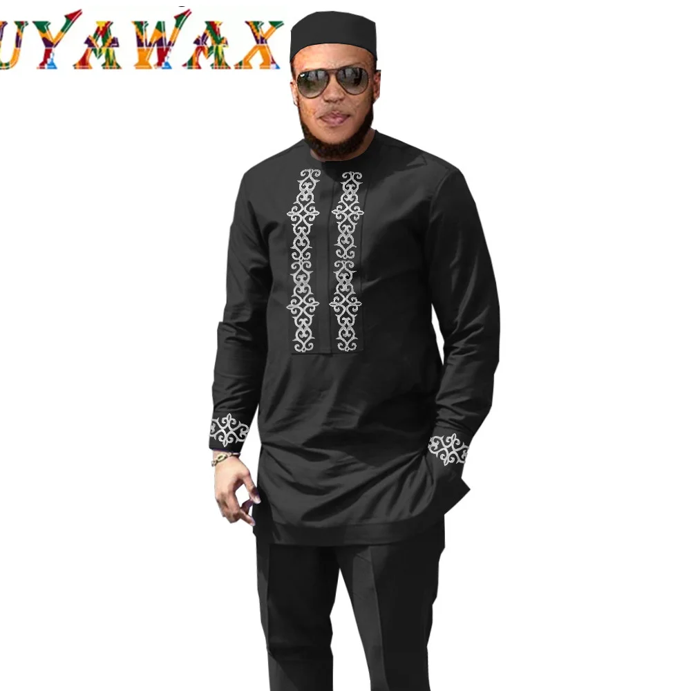 

2022 New African Men Traditional Clothing Set Dashiki Coat Shirt and Ankara Pants and Tribal Hat Attire Tracksuit