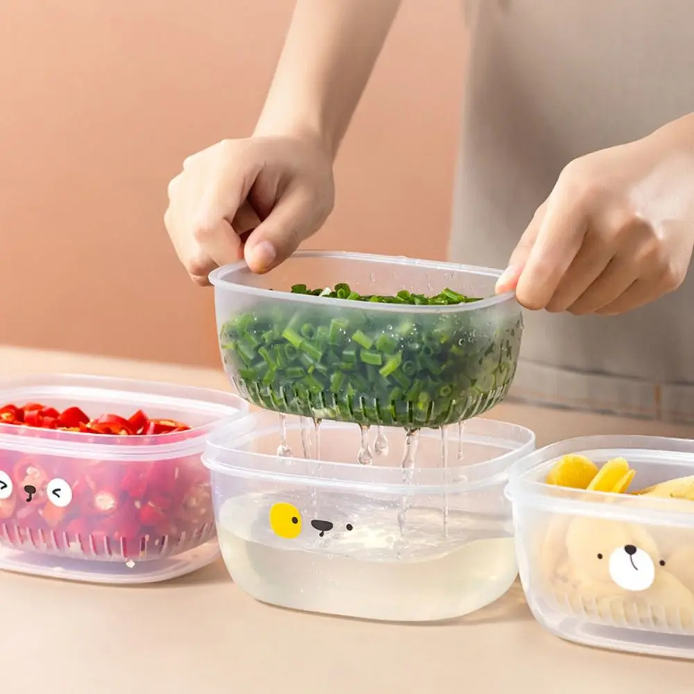 

Cartoon Refrigerator Storage Box Plastic Leak Proof Onion Garlic Prep Box with Drain Basket Bear/Dog/Rabbit