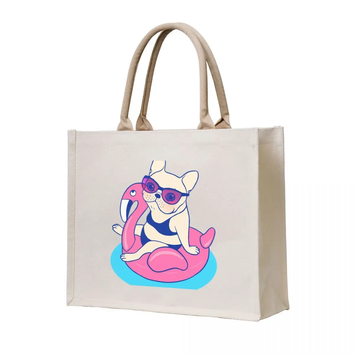 

Frenchie enjoys Summer on Flamingo Pool Float in swimming pool Tote Bag custom tote bag Big bag Fabric