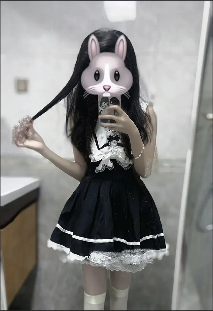 마고고 스윗 큐트 걸 로리타 슬리브리스 드레스 여성 카와이 고양이 배색 레이스 네이비 칼라 컷아웃 백 미니 드레스