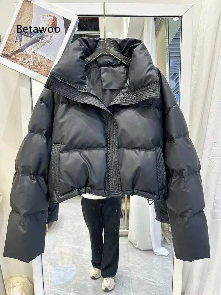 Ladies Winter Short Puffer Coat Stand Collar Dual Button Zip Front Drawstring Hem Design Warm Casual Outer Layer Garment