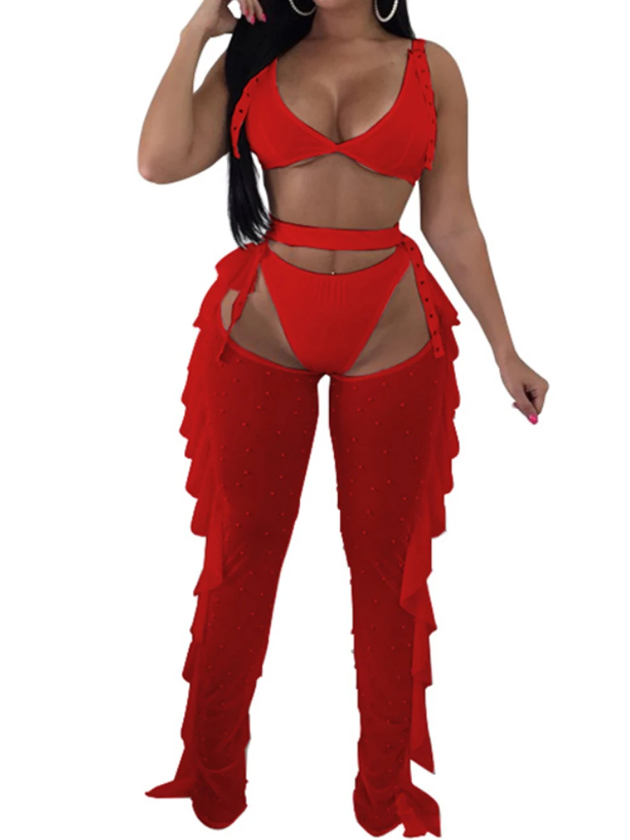 

2 Piece Set Summer Sexy Crop Top and Ruffles Long Pants Party Suit