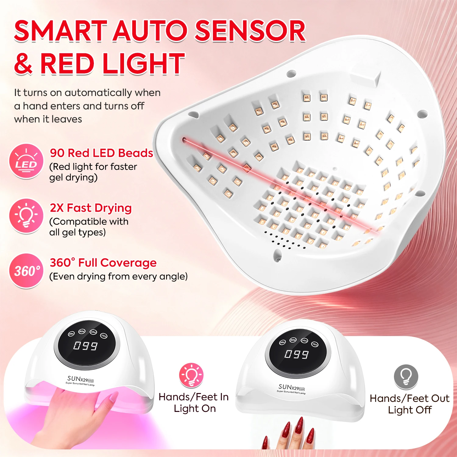 เครื่องอบเล็บมืออาชีพ 90LED UV พร้อมตั้งเวลาได้ 4 ระดับ ปุ่มสัมผัสหน้าจอ 380W สำหรับอบเจลเล็บ อุปกรณ์สำหรับร้านทำเล็บ