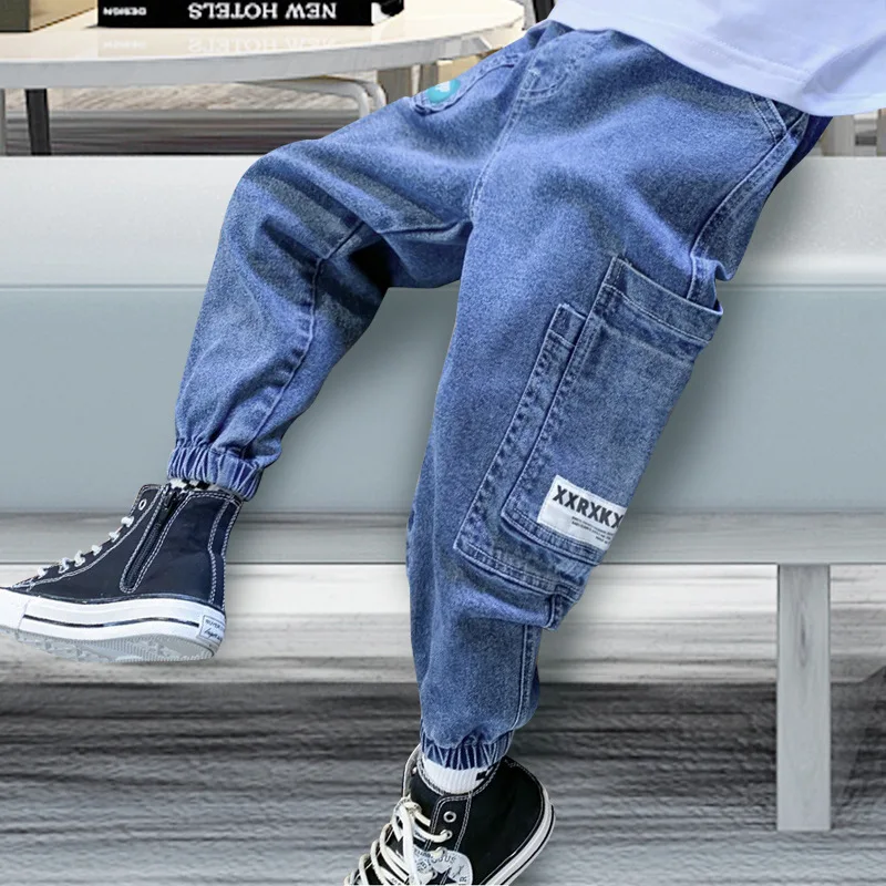 New Autumn Kids Boys Jeans Trousers Cotton Light Blue Denim Pants for Teenage School Boy Toddler Elastic Waist Jogger Pant 8 12Y