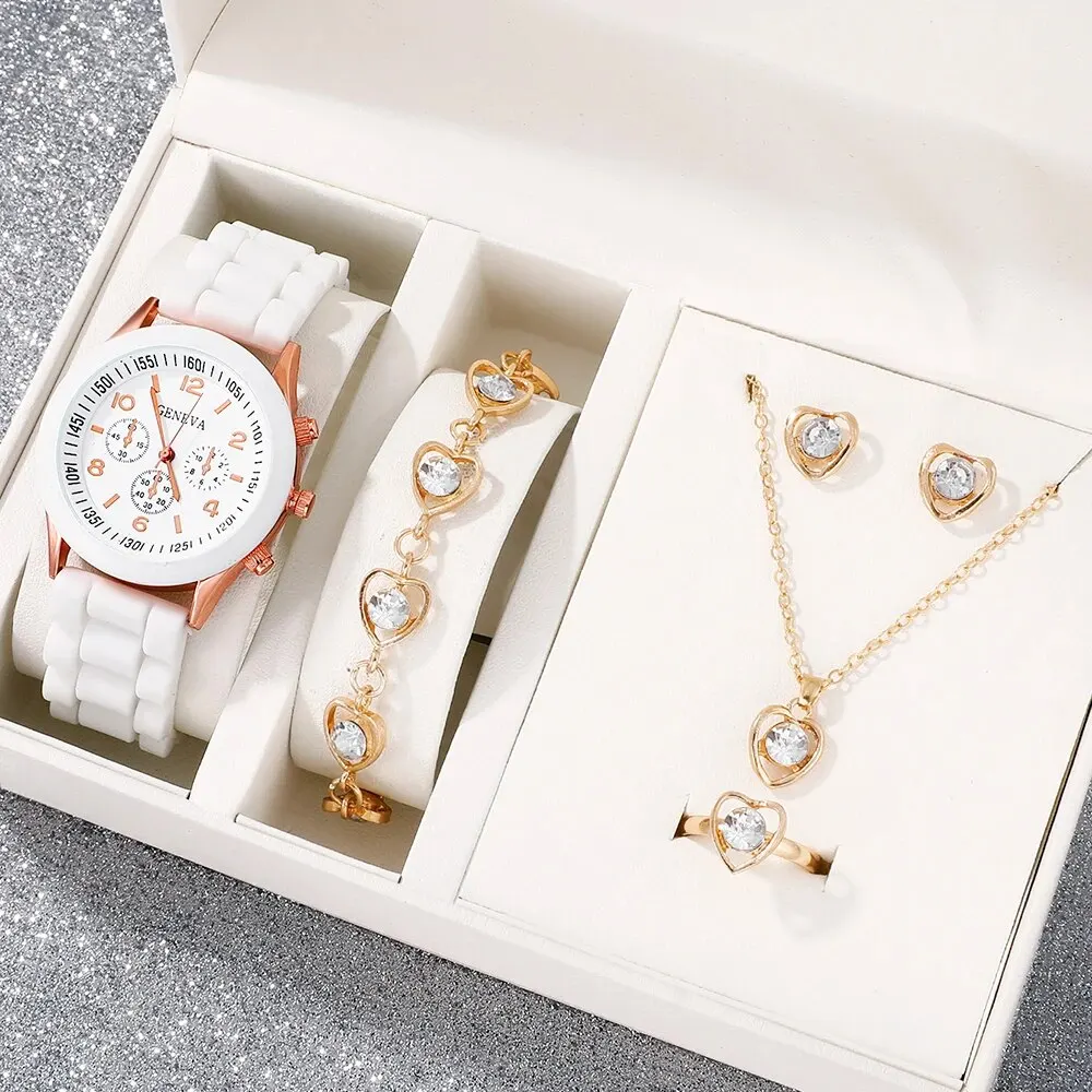 6pcs/set Women's Watch Casual Round Pointer Quartz Watch Analog Silicone Wrist Watch & Heart Jewelry Set, Gift For Her