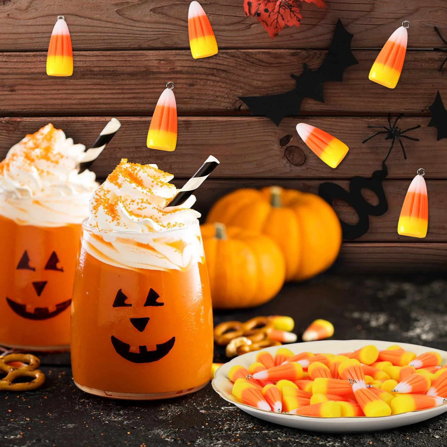 

50PCS Resin Candy Corn Charms Pendants Fall Autumn Theme for Thanksgiving Halloween Christmas Bead Embellishments Cute Pendant J