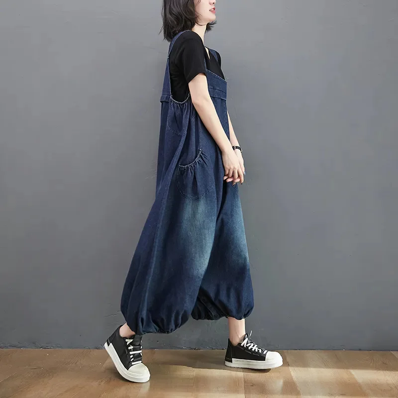 Spring Summer New Vintage Denim Overalls Women\'s Oversized Loose Strap Lantern Pants Fashion Wide leg pants Women Streetwear