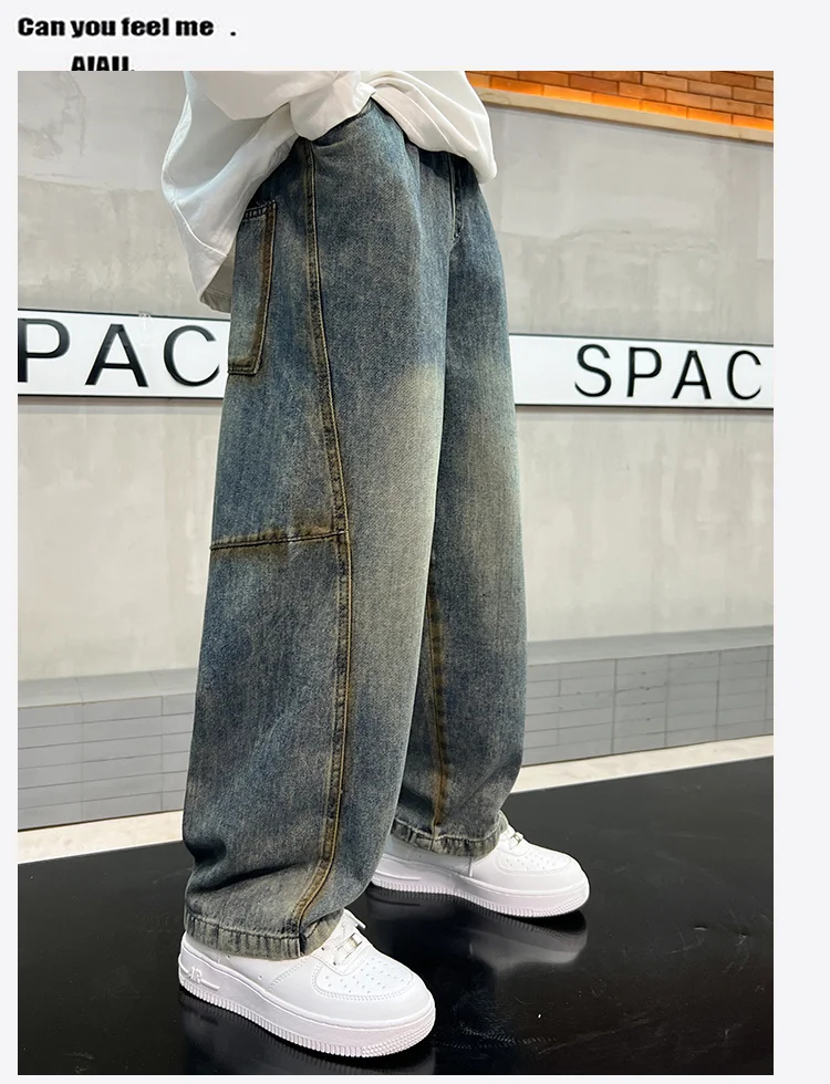 Amerikanische Kinder Retro Street Loose Fit Jeans für Jungen, Hochgeschnittene Casual Kinder Vintage Denim Hosen, Teenager Jeans 5-14 – Detail 6