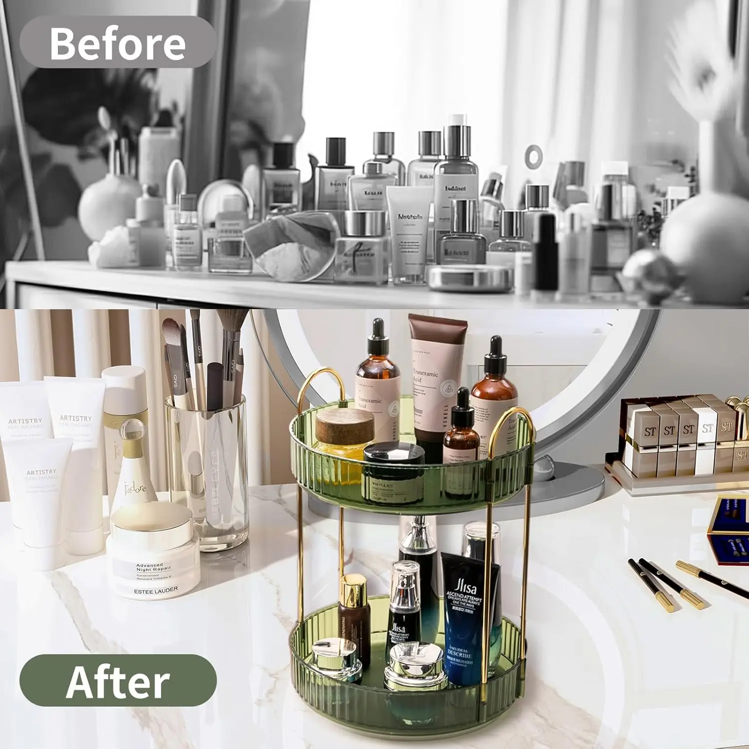 2 Tier Large Capacity Cosmetics Skincare Organizers,Bathroom Countertop Organizer Spinning Perfume Organizer