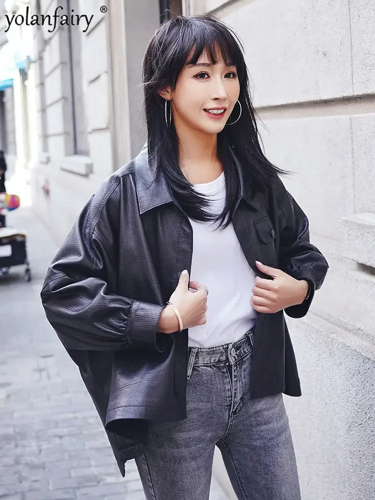 YOLANFAIRY الراقية ملابس جلدية حقيقية النساء فضفاضة مقاسات كبيرة طبقة علوية معطف جلد الغنم المرأة سترة جلدية حقيقية FCY #2