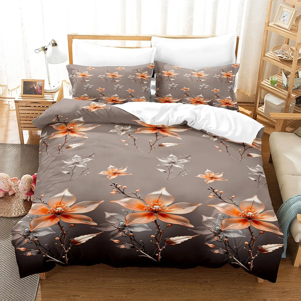3PCS Duvet Cover Set Warm Orenge Flowers Branches Printed Duvet Cover With Pillowcases Single Twin Queen Size Bedding Set