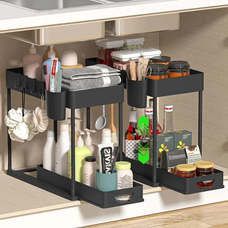 Lot de 2 organiseurs de cuisine multifonctionnels à 2 niveaux – Panier coulissant pour armoire avec crochets, porte-tasses suspendu, gain de place pour salle de bain