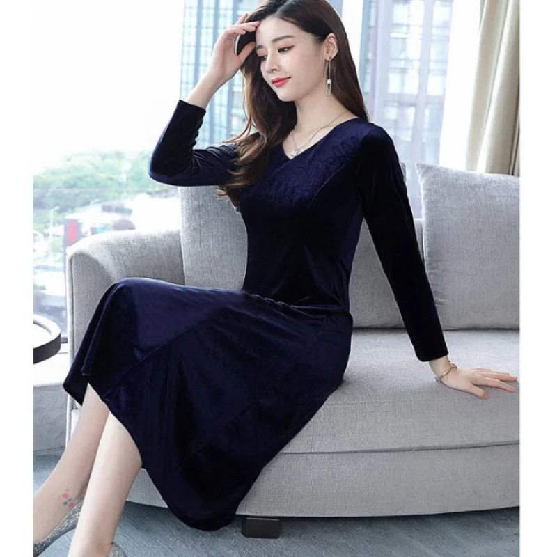 New Women Spring Autumn Golden Velvet Dress Medium Long Loose Large Size Middle Aged Elderly Vestidos Mom's Solid Color Dresses