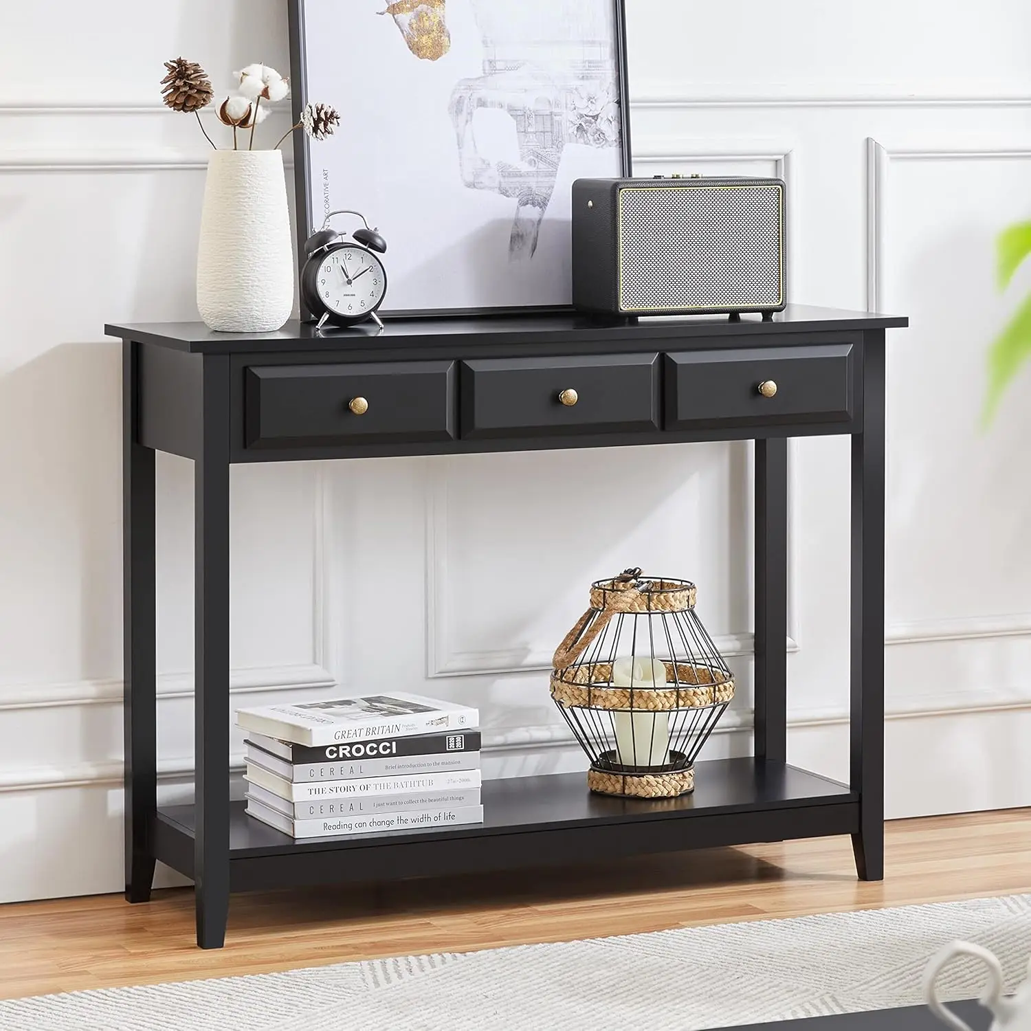 3 Drawers, Wood Entryway Table with Storage Shelf, Sofa Table Narrow Long for Living Room, Entryway, Hallway, Foyer, Black