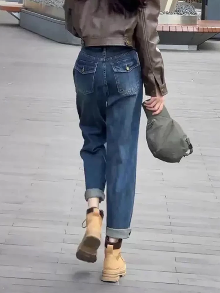 

Джинсы-харлан с высокой талией, синие, больших размеров, женские, свободные, прямые, в стиле «папа-джинсы», летние, модные, стройнящие брюки