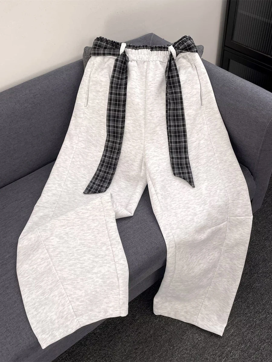 

Plaid Belted Casual Pants ex Autumn Versatile Slimming Loose Wide Leg Knife Pants Sports Commuter Sle Long Trousers
