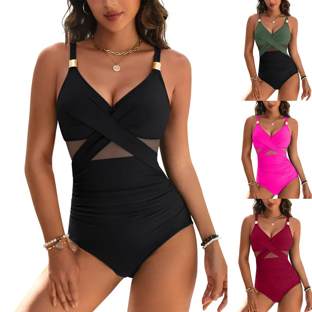 

2025 women's fashion and sexy one-piece swimsuit solid color mesh swimsuit bikini Cross Push Up Swimwear Female Bodysuit