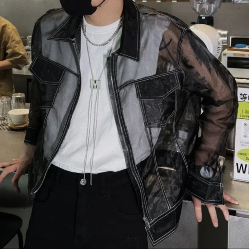 Fashion See-through Thin Jacket Sun Protection Coat Men Summer High Quality Design Zip Up Jacket Loose Streetwear Black Grey New