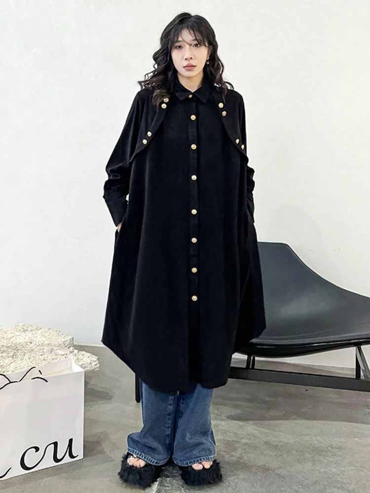 [EAM] Women Black Corduroy Big Size Midi Shirt Vintage Dress New Lapel Long Sleeve Fashion Tide Spring Autumn 2024 1DH4801