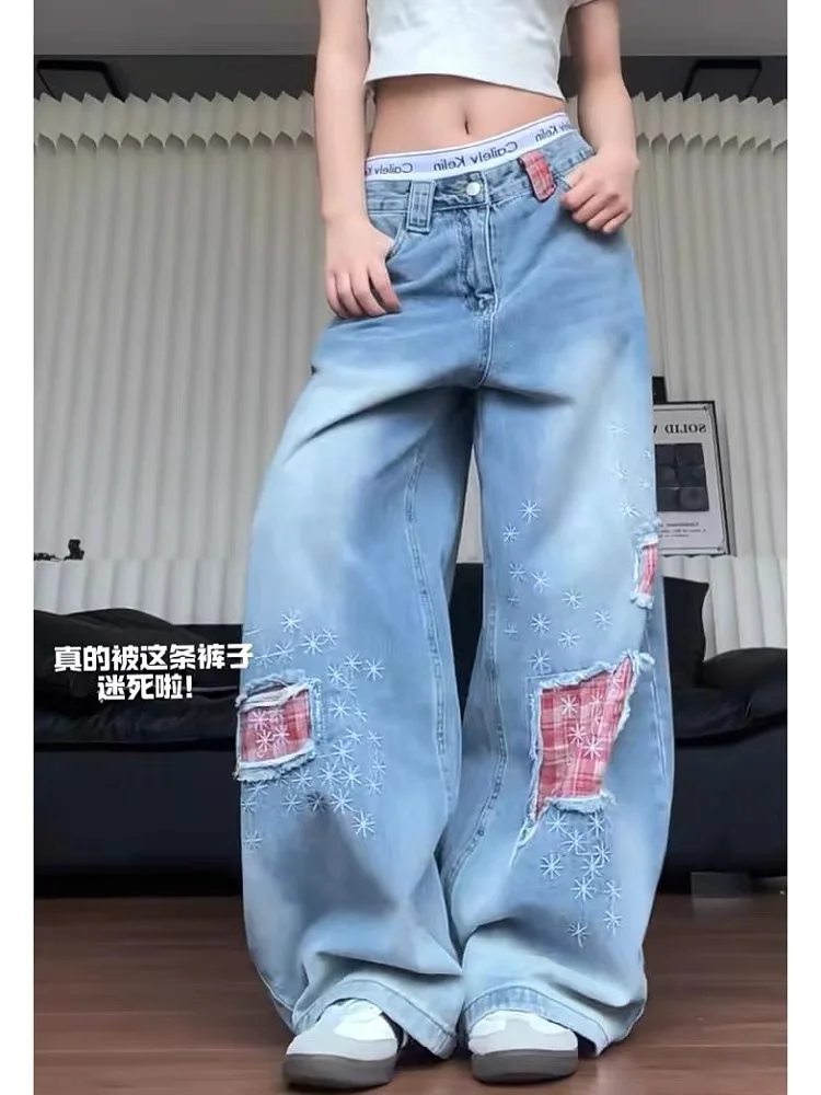 American Retro Plaid Splicing Ripped Scimitar Jeans Women's Spring and Summer New Loose Wide-leg Drape Pants